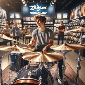 DALL·E 2023 12 06 06.50.47 An engaging and high quality image of a young drummer in a well lit modern music store enthusiastically demonstrating the ZILDJIAN ZP4PK cymbal set