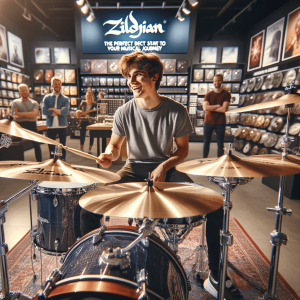 DALL·E 2023 12 06 06.50.47 An engaging and high quality image of a young drummer in a well lit modern music store enthusiastically demonstrating the ZILDJIAN ZP4PK cymbal set