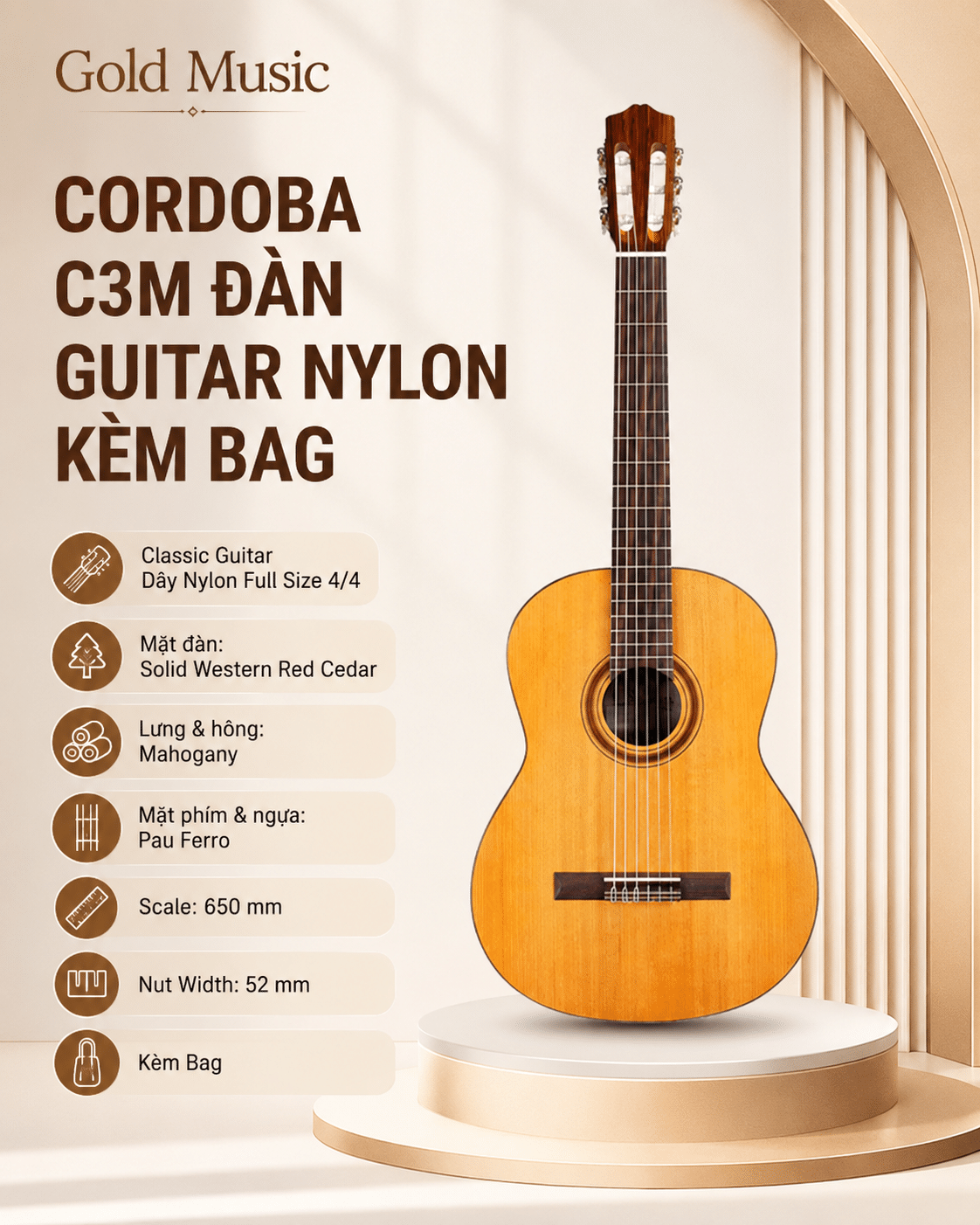 CORDOBA C3M ĐÀN GUITAR NYLON KÈM BAG GUCLCOR-02691 cordoba c3m dan guitar nylon bag guclcor 02691
