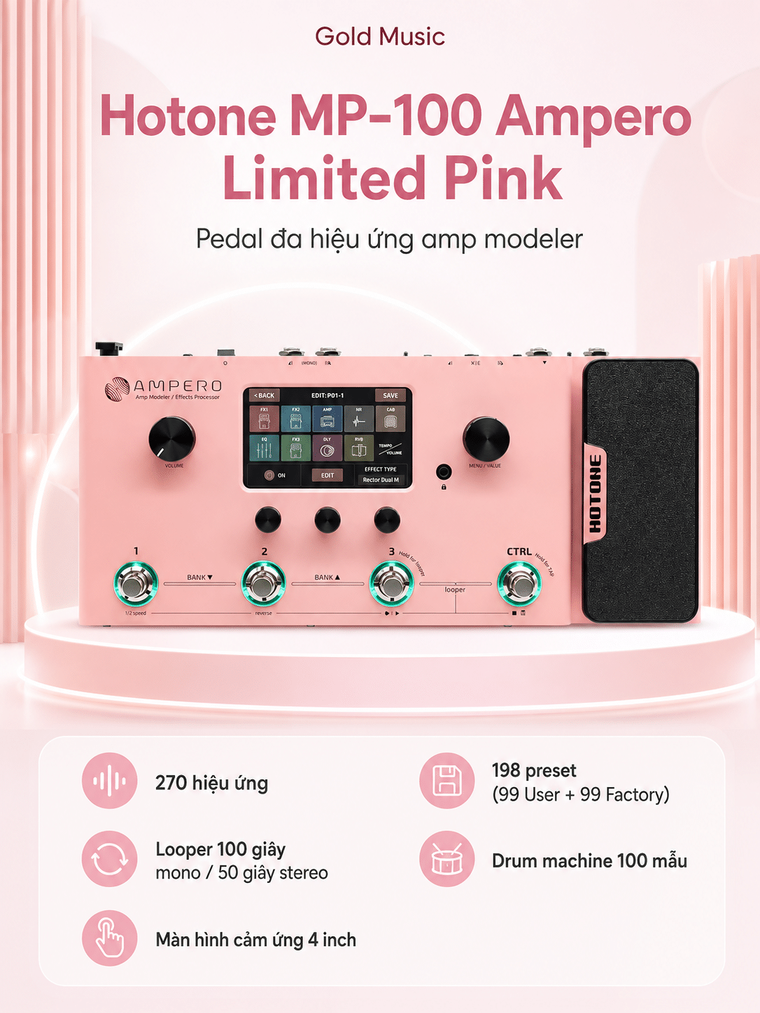 Hotone MP-100 Ampero Limited Pink pedal đa hiệu ứng amp modeler hotone mp 100 ampero limited pink pedal