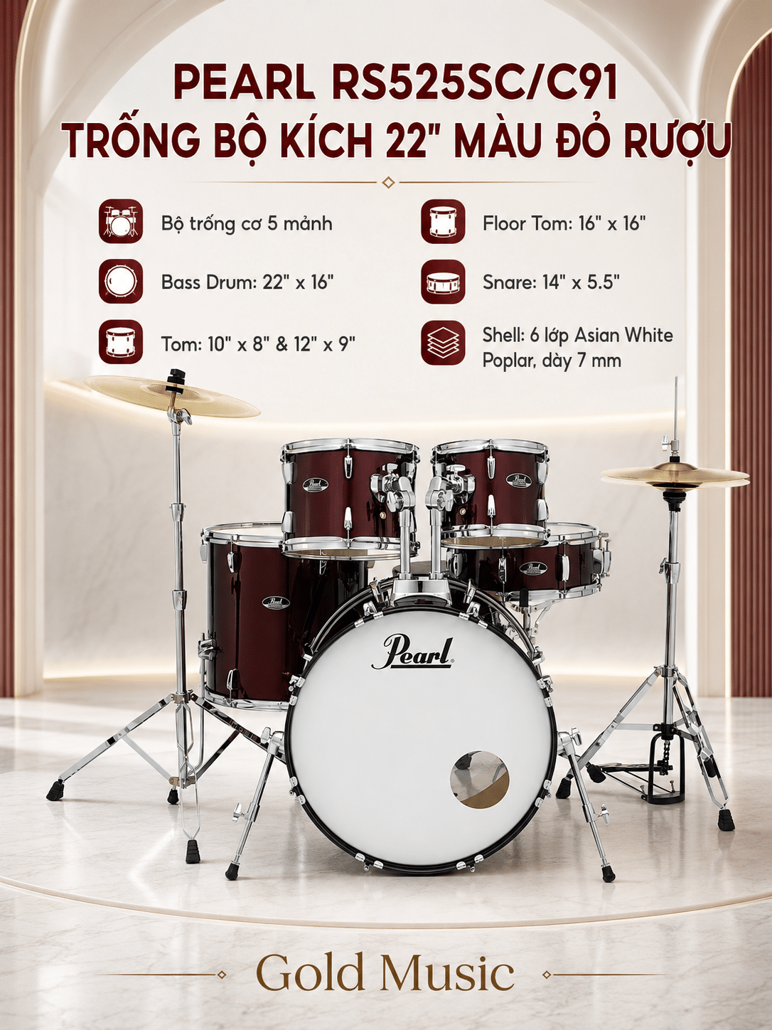 PEARL RS525SC/C91 TRỐNG BỘ KÍCH 22" MÀU ĐỎ RƯỢU pearl rs525sc c91