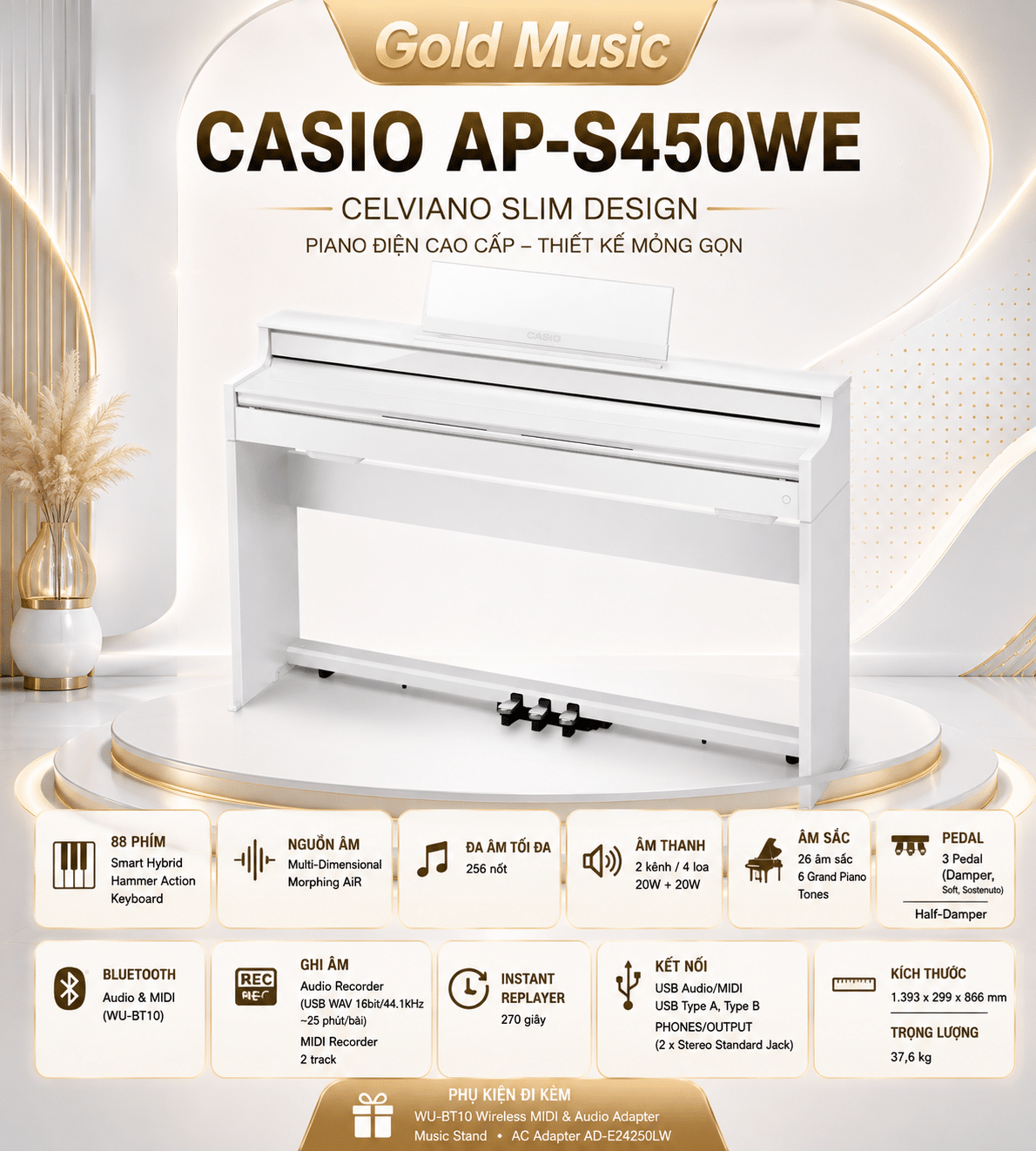 CASIO AP-S450WE ĐÀN PIANO ĐIỆN CELVIANO SLIM DESIGN casio ap s450we piano dien celviano slim