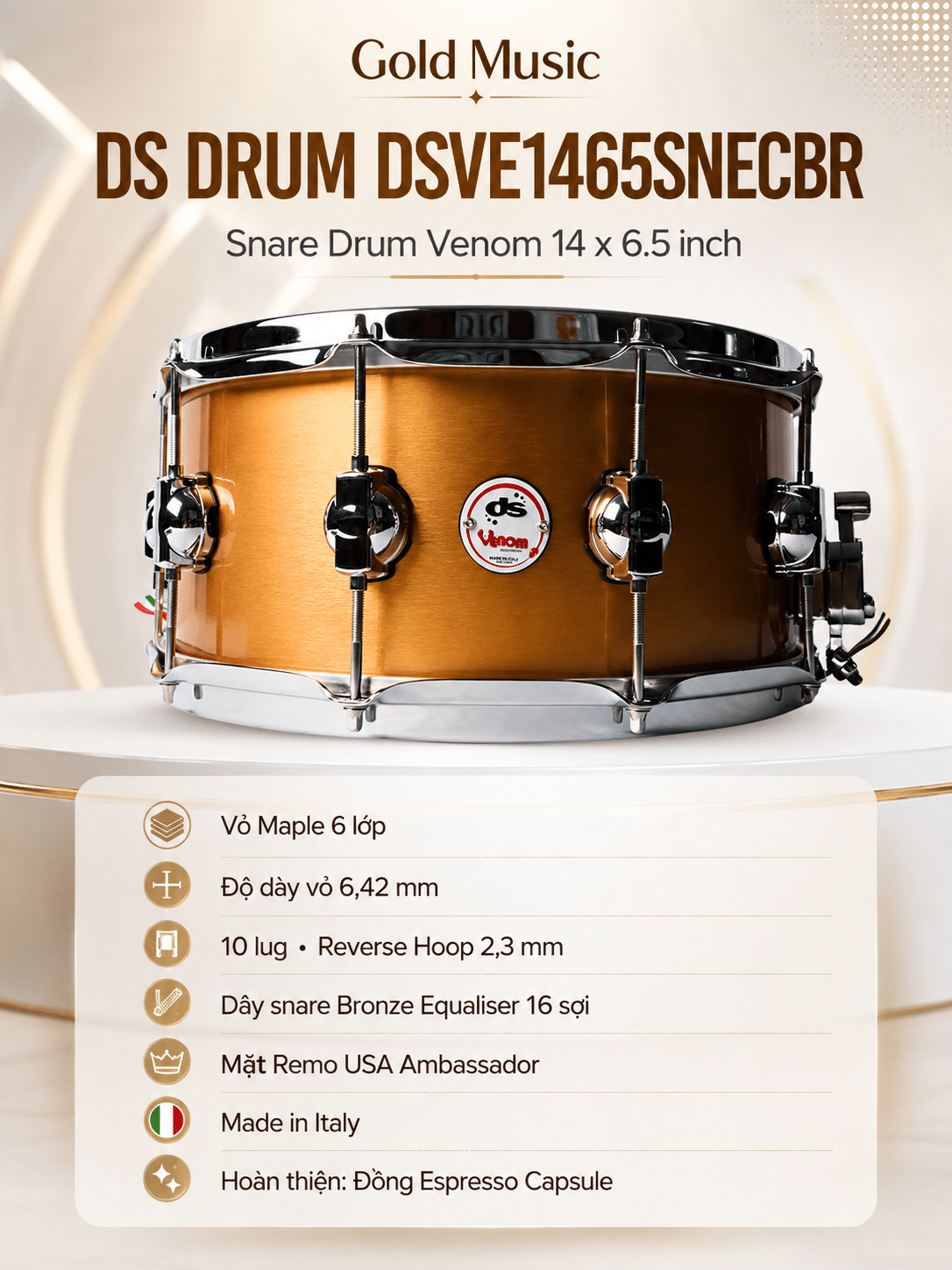 DS DRUM DSVE1465SNECBR Trống Snare drum Venom 14x6.5 inch Màu Đồng Espresso Capsule ds drum dsve1465snecbr snare drum venom