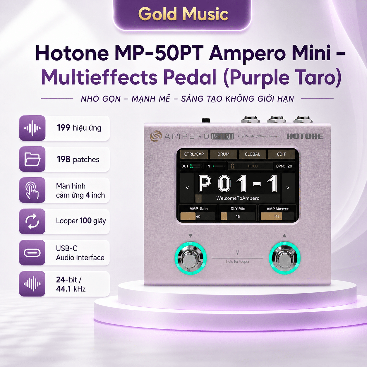 Hotone MP-50PT Ampero Mini – Multieffects Pedal (Purple Taro) hotone mp 50pt ampero mini