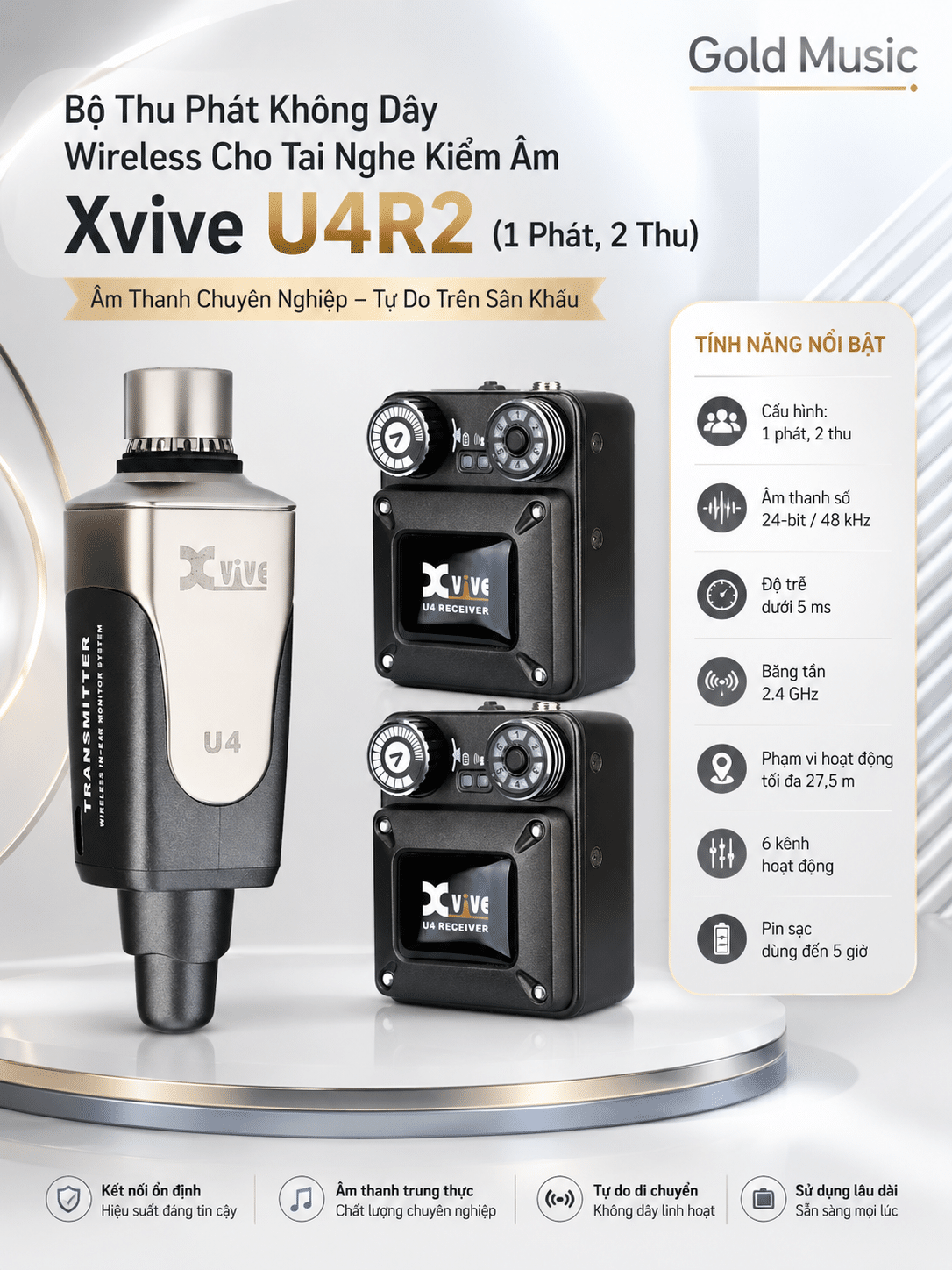 Bộ Thu Phát Không Dây Wireless Cho Tai Nghe Kiểm Âm Xvive U4R2 (1 Phát, 2 Thu) Xvive U4R2 thu phat khong day