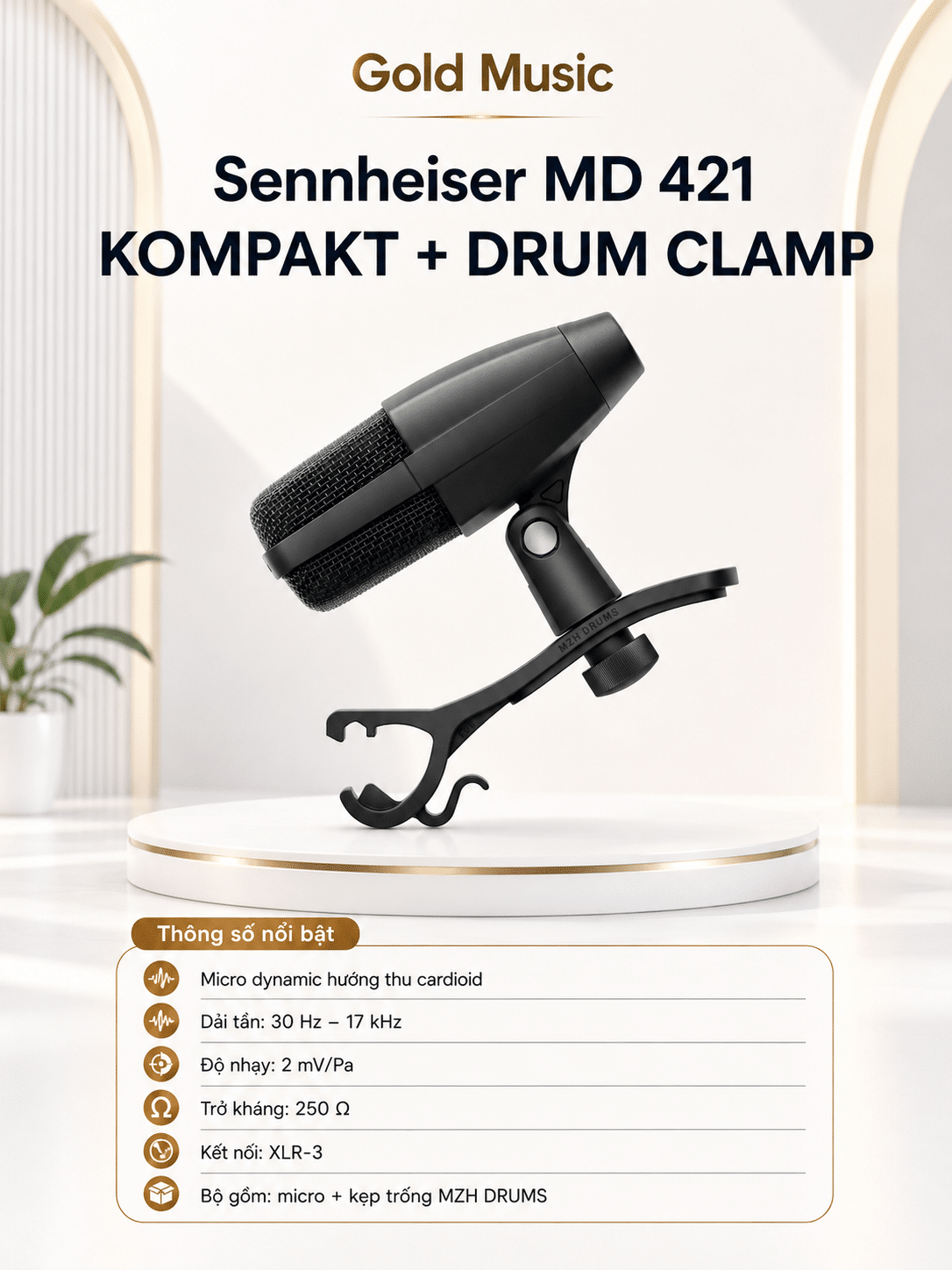 Sennheiser MD 421 KOMPAKT + DRUM CLAMP Bộ microphone thu nhạc cụ sennheiser md 421 kompakt plus drum clamp