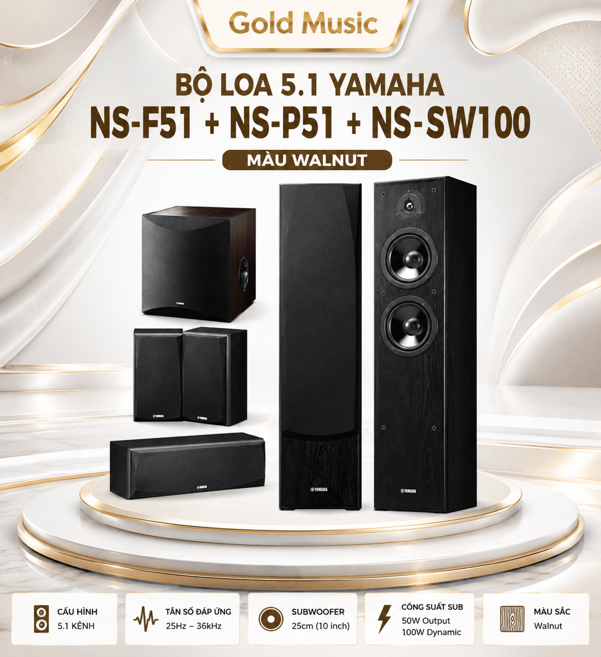 Bộ Loa 5.1 Yamaha (Loa NS-F51 + Loa NS-P51 + Loa Sub NS-SW100 Walnut) bo loa 5 1 yamaha loa ns f51 loa ns p51 loa sub ns sw100 walnut