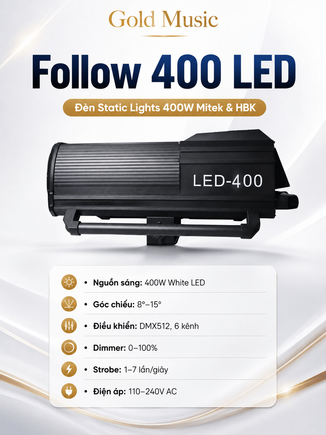 Follow 400 LED Đèn Static Lights 400W kèm chân đế Mitek&HBK follow 400 led den static lights 400w