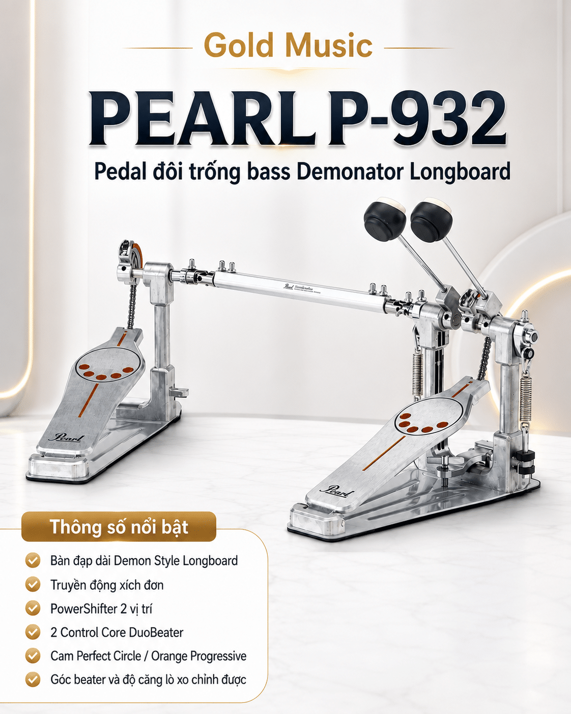 Pearl P-932 pedal đôi bass drum hiệu suất cao pearl p 932 pedal doi bass drum