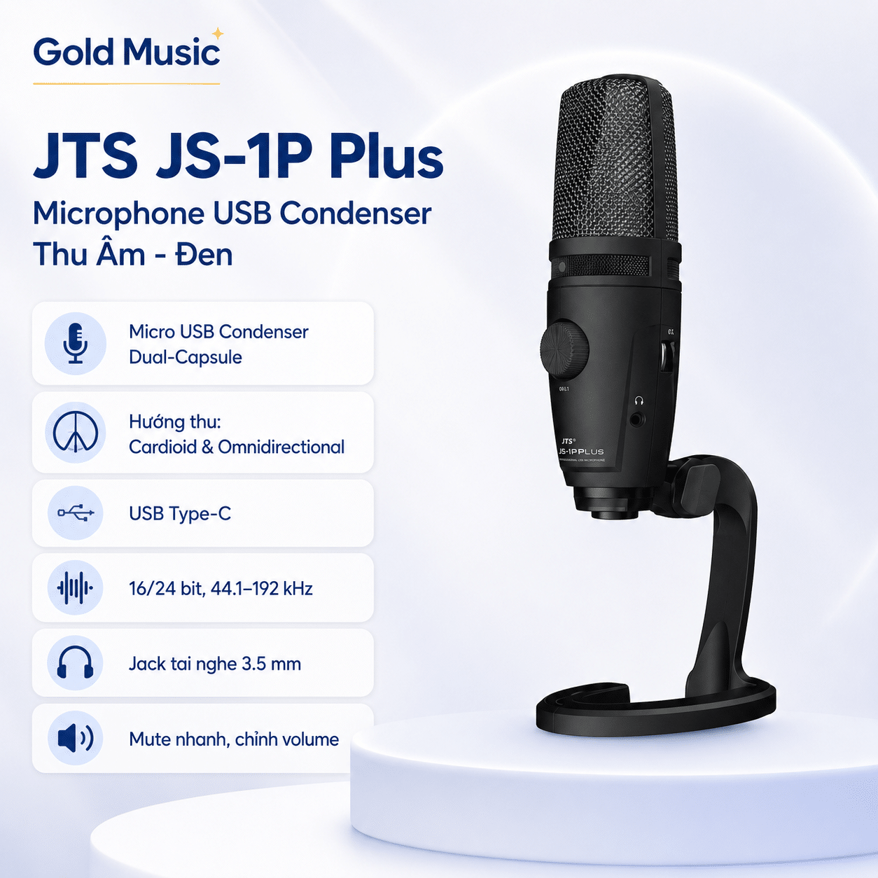 Jts JS-1P Plus Microphone USB Condenser Thu Âm - đen jts js 1p plus microphone usb condenser thu am den