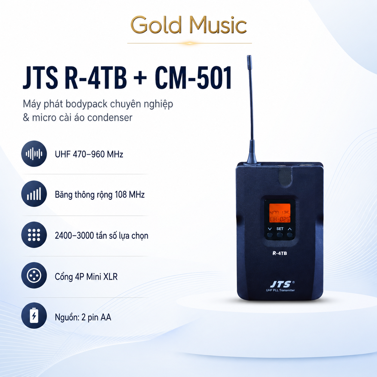 Jts R-4TB+CM-501 Máy phát bodypack chuyên nghiệp và Micro cài áo condenser jts r 4tb cm 501 may phat bodypack
