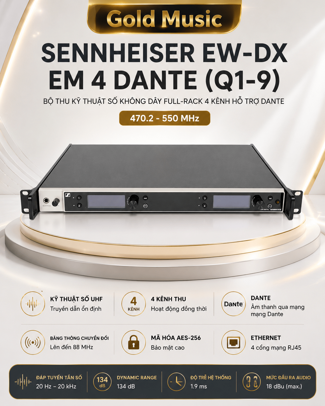 Sennheiser EW-DX EM 4 DANTE (Q1-9) Bộ thu kỹ thuật số không dây full-rack 4 kênh hỗ trợ Dante 470.2 - 550 MHz sennheiser ew dx em 4 dante day