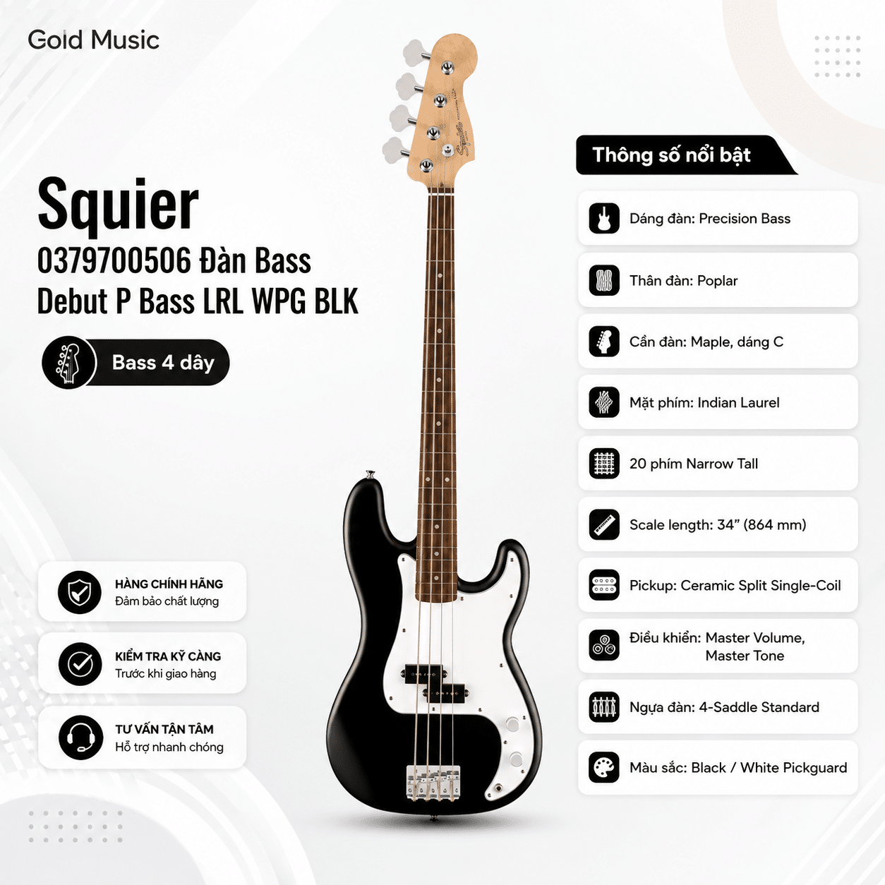 Squier 0379700506 ĐÀN BASS DEBUT P BASS LRL WPG BLK squier 0379700506 dan bass debut