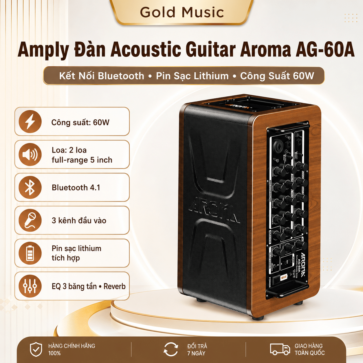 Amply Đàn Coustic Guitar Aroma AG-60A Kết Nối Bluetooth – Pin Sạc Lithium ( công suất 60w) amply dan coustic guitar aroma ag 60a