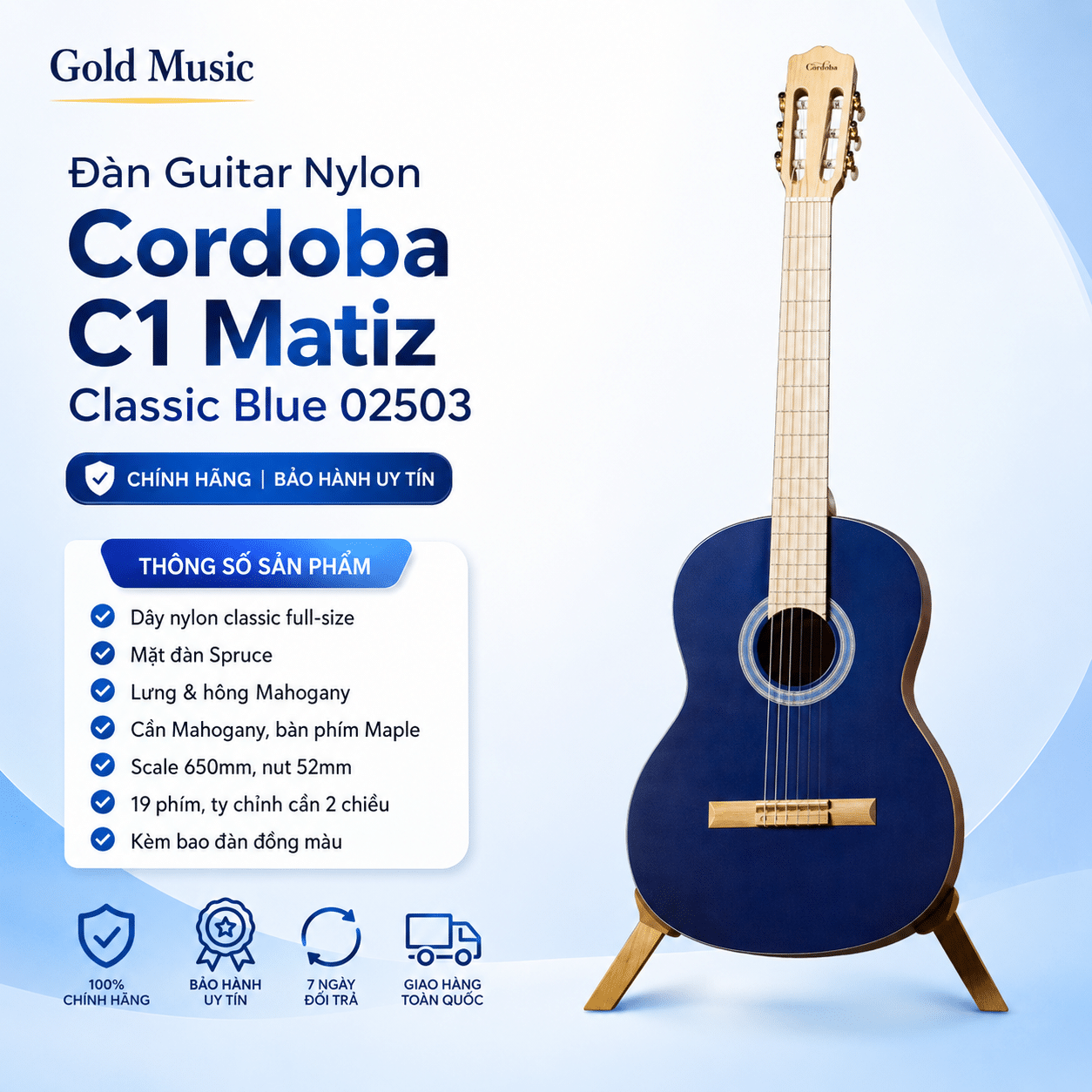 CORDOBA C1 MATIZ ĐÀN GUITAR NYLON MÀU CLASSIC BLUE 02503 cordoba c1 matiz dan guitar nylon mau