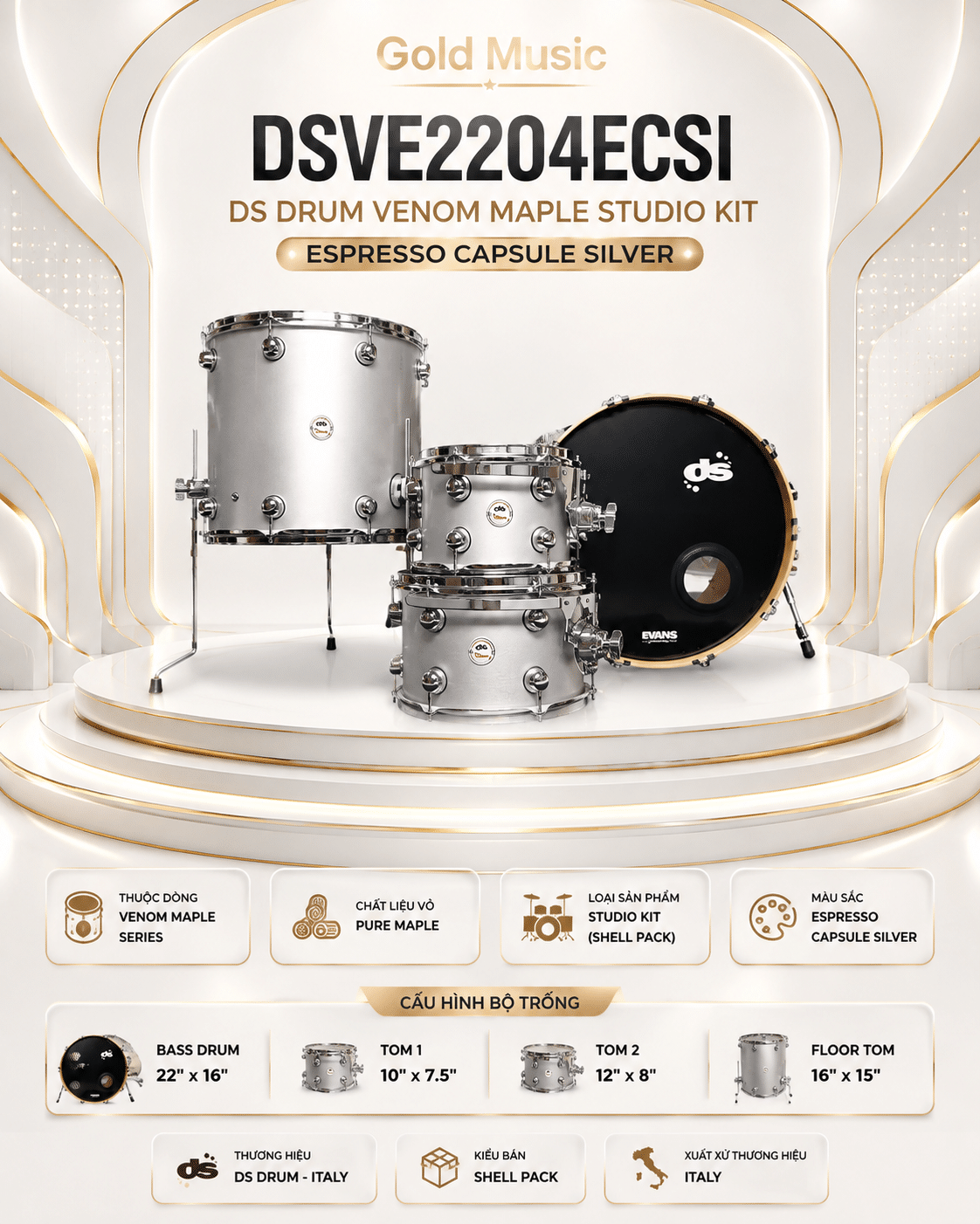 DSVE2204ECSI – Trống Jazz DS Drum Venom Maple Phòng Thu Màu Bạc Espresso Capsule dsve2204ecsi jazz ds drum venom maple phong