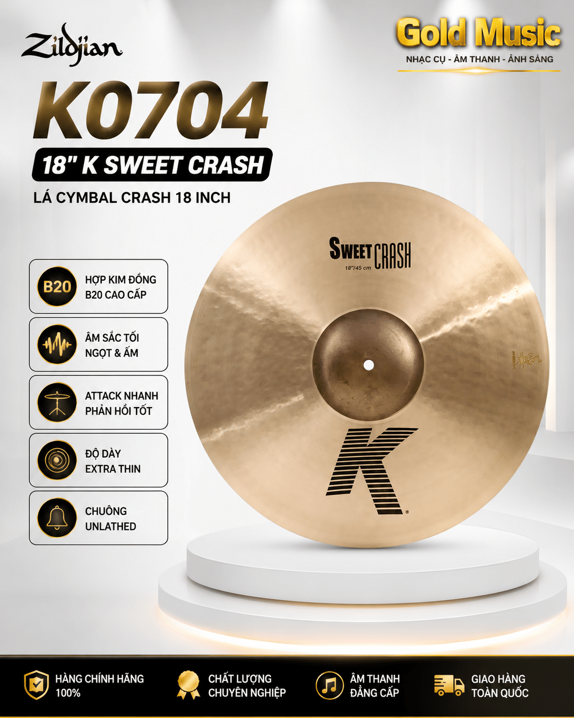 Zildjian K0704 – lá cymbal lẻ 18" K Sweet Crash zildjian k0704 la cymbal le 18 k