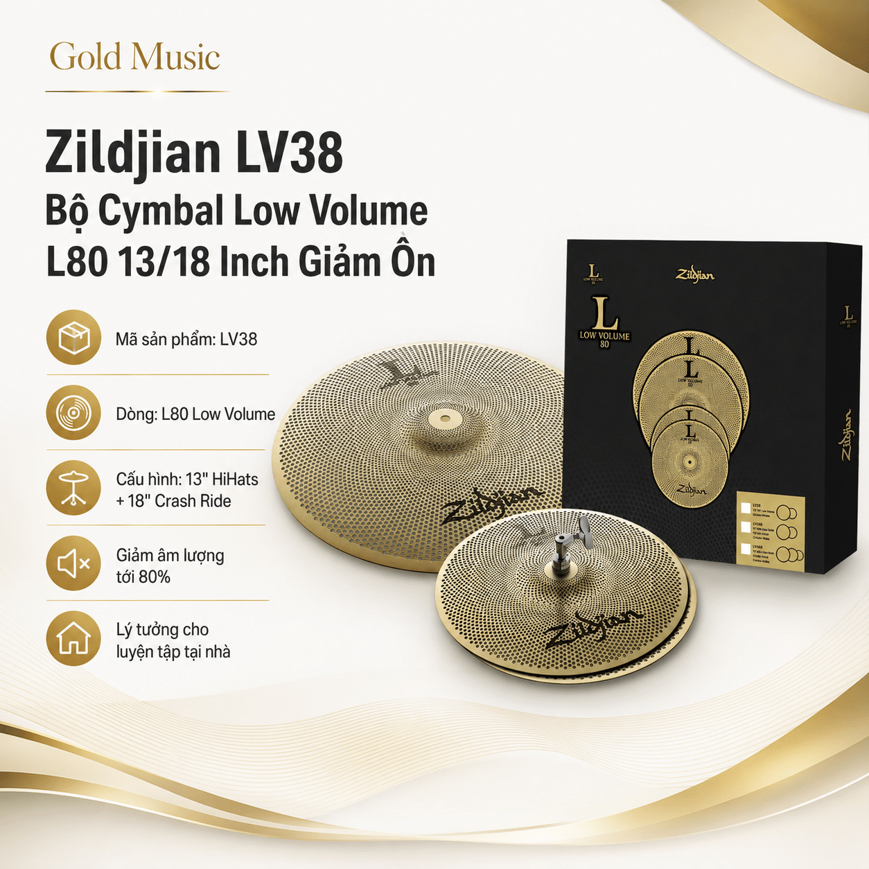 Zildjian LV38 bộ cymbal Low Volume L80 13/18 inch giảm ồn zildjian lv38 bo cymbal low volume l80