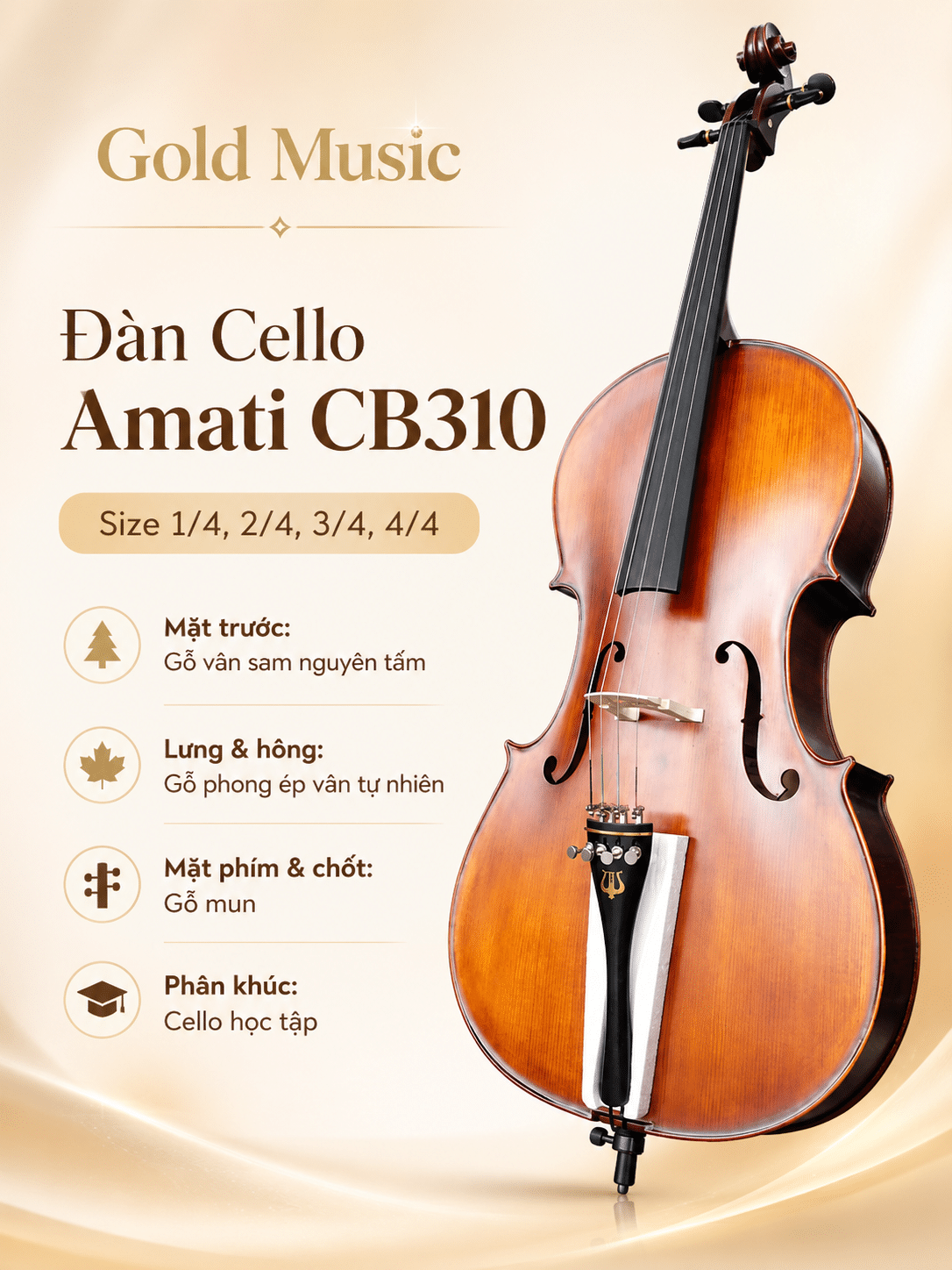 Đàn Cello Amati CB310 1/4, 2/4, 3/4, 4/4 dan cello amati cb310 1 4 2