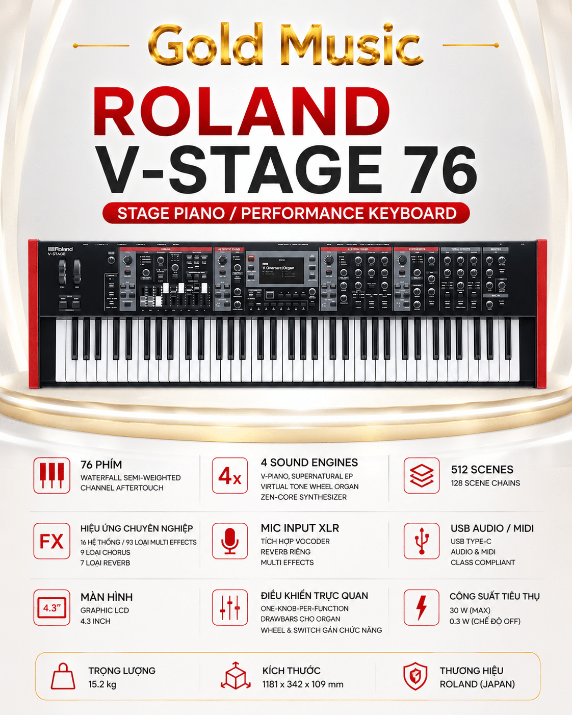 Đàn Stage Piano Roland V STAGE 76 76 phím Waterfall Semi Weighted dan stage piano roland v stage 76