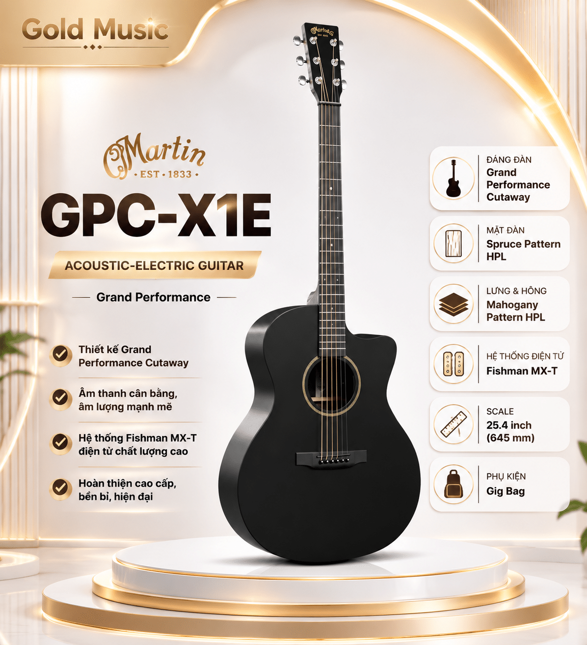 Martin GPC-X1E guitar thùng điện Grand Performance kèm bag martin gpc x1e guitar thung dien grand