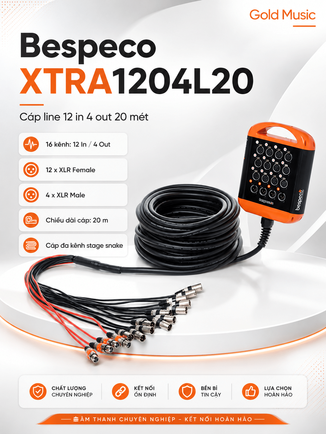 Bespeco XTRA1204L20 Cáp line 12 in 4 out 20 mét bespeco xtra1204l20 cap line