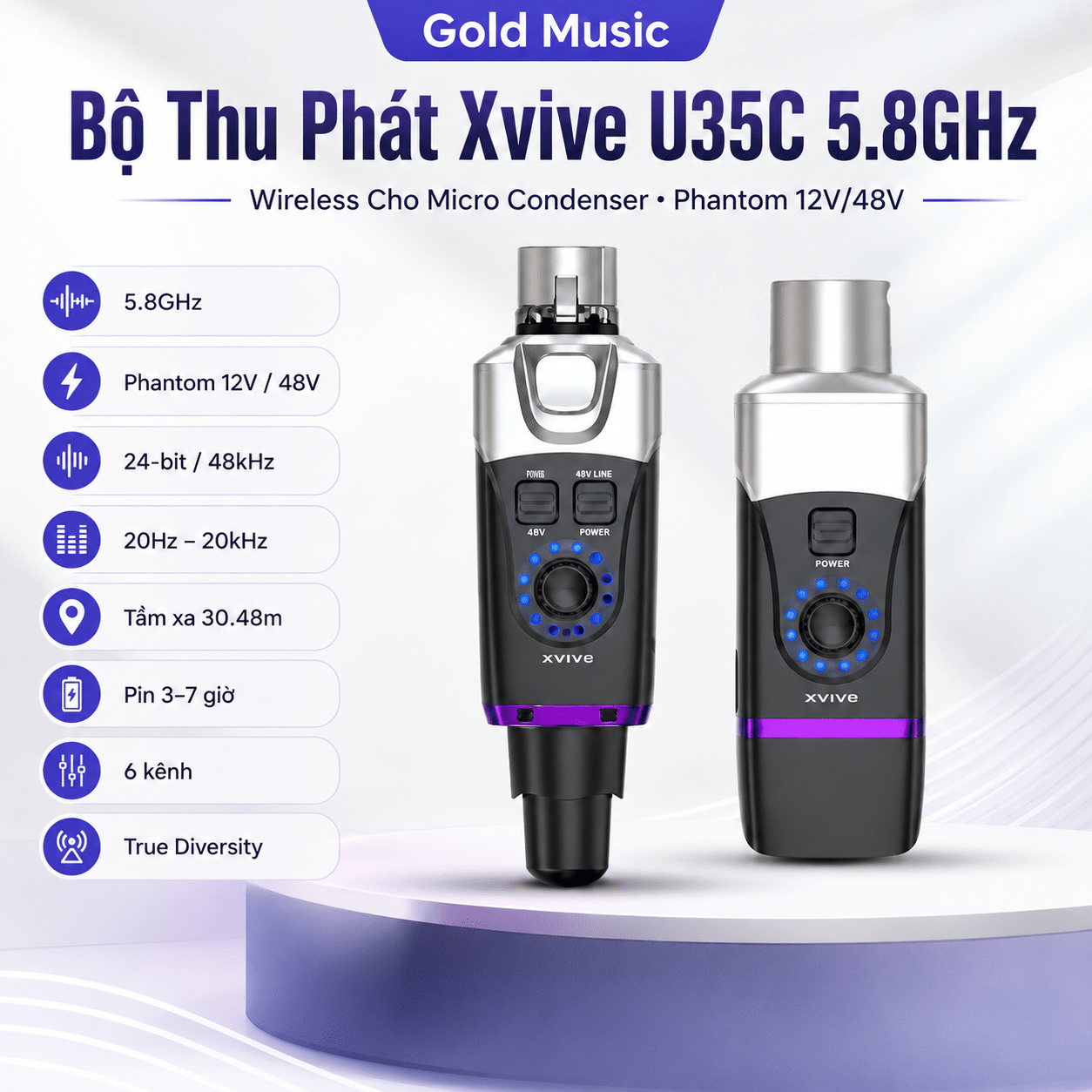 Bộ Thu Phát Xvive U35C-5.8GHz ( Phantom 12-48V ), Wireless System Cho Micro Condenser, Không Dây bo thu phat xvive u35c 5 8ghz phantom