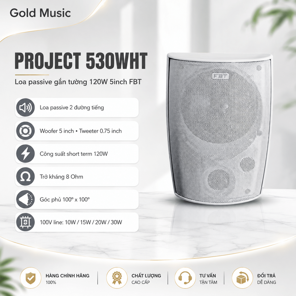 PROJECT 530WHT Loa passive gắn tường 120W 5inch FBT project 530wht loa passive gan tuong 120w 5inch fbt